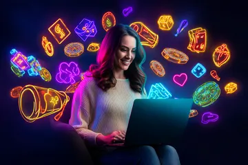 একজন পুরুষ তার ল্যাপটপে জয়ের মুহূর্ত উদযাপন করছেন, চারপাশে ভাসছে গেমিং আইকন—যা KK33E গেমসের উত্তেজনাকে প্রকাশ করে।